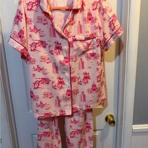 Katie Klime Pink Toile Pajama Set  S Long Bottoms Short Sleeved Buttons
